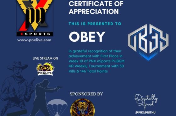 PNX eSports Weekly Tournament #10 Certificates